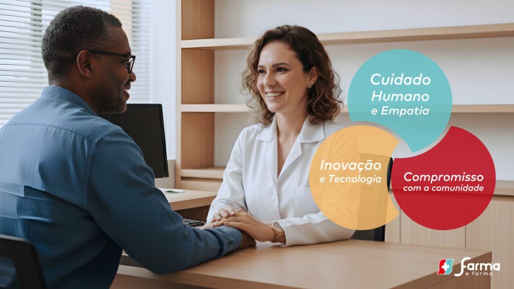 Farmacêutica atendendo paciente com empatia em consultório da Farma e Farma, representando os pilares da Farmácia 5.0: cuidado humano, inovação e compromisso com a comunidade.