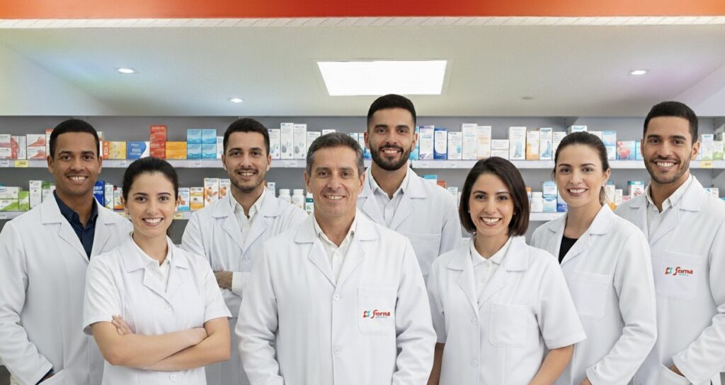 Equipe de profissionais de farmácia sorrindo em frente às prateleiras de medicamentos.