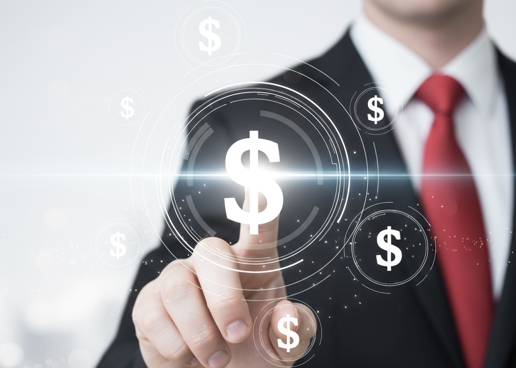 Homem de terno tocando um ícone digital de cifrão em uma interface tecnológica, representando gestão financeira e investimento empresarial.