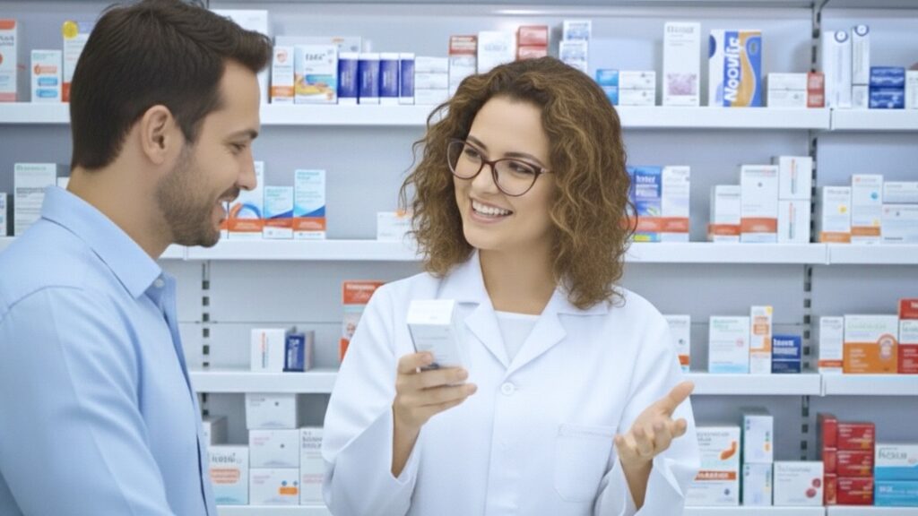 Farmacêutica atendendo cliente com sorriso e explicando sobre um medicamento, ilustrando atendimento humanizado.