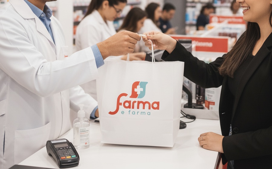 Farmacêutico entrega sacola da Farma e Farma a cliente sorridente no balcão de atendimento