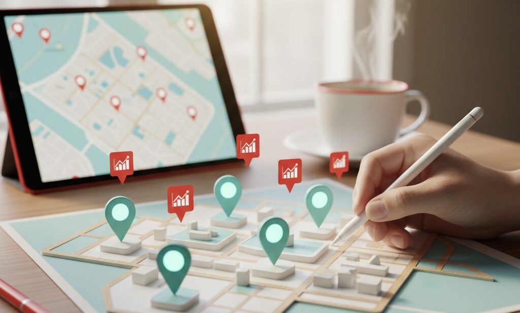 Mapa 3D com marcadores de localização digitais e gráficos de análise, representando estudo de ponto comercial.