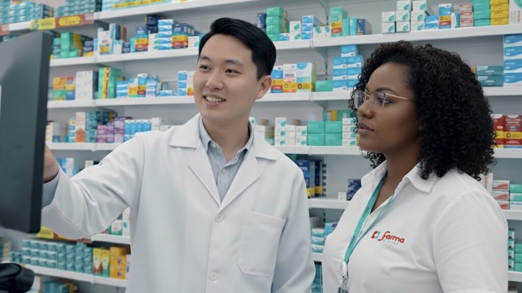 Farmacêutico orientando colaboradora em uma farmácia da rede Farma e Farma, em frente a prateleiras com medicamentos.