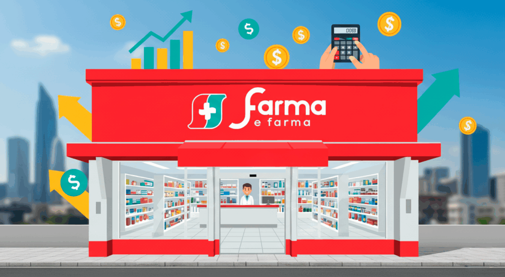 Ilustração de uma farmácia da rede Farma e Farma, com fachada vermelha, farmacêutico no balcão e ícones de crescimento financeiro, moedas e gráficos.