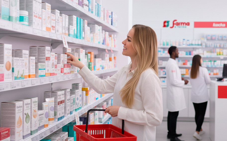 Cliente escolhendo produtos em farmácia moderna da Farma e Farma, simbolizando o crescimento e as tendências do mercado farmacêutico em 2025
