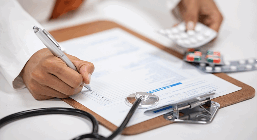 Profissional de saúde preenchendo formulário clínico com medicamentos e estetoscópio sobre a mesa.