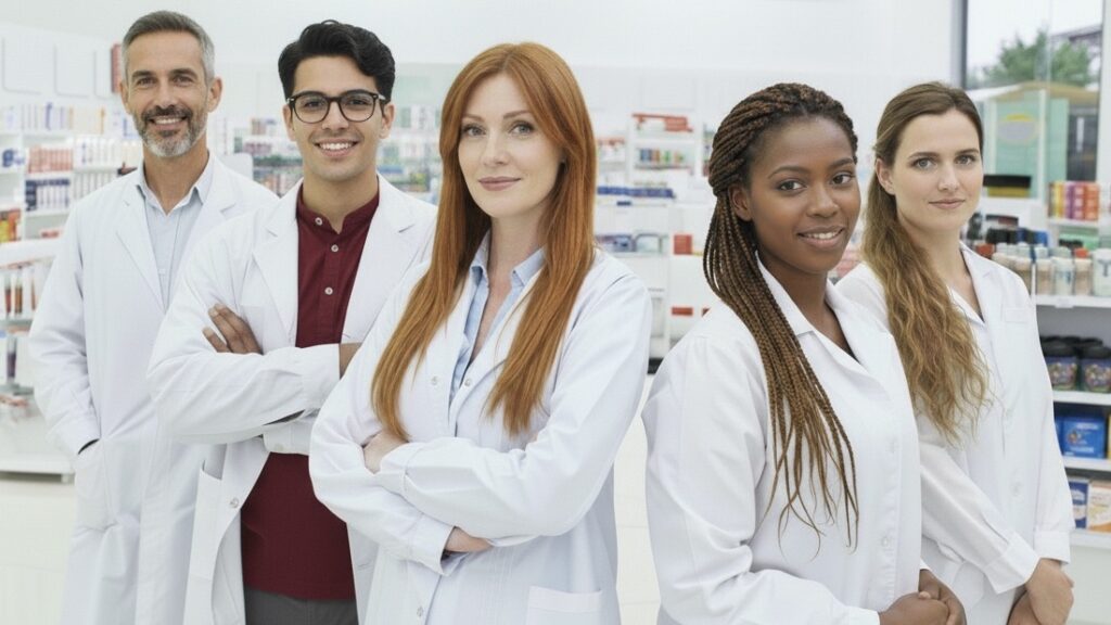 Equipe de farmacêuticos motivados e uniformizados em farmácia da rede Farma e Farma