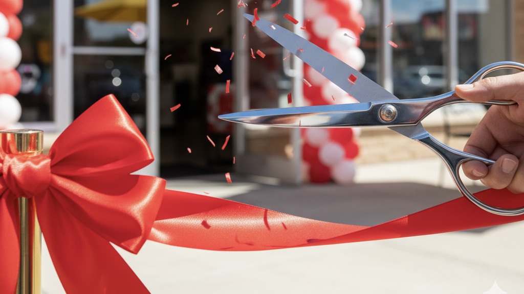 Tesoura cortando uma fita vermelha em cerimônia de inauguração de farmácia, representando a abertura de uma nova unidade Farma e Farma.