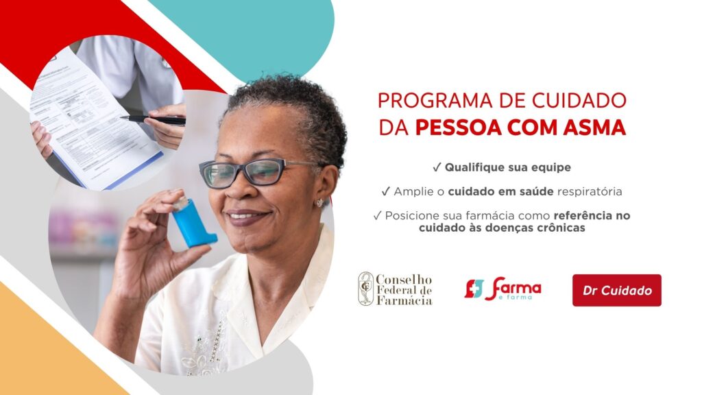 Banner do Programa de Cuidado da Pessoa com Asma com destaque para qualificação da equipe, cuidado em saúde respiratória e posicionamento da farmácia no cuidado às doenças crônicas.