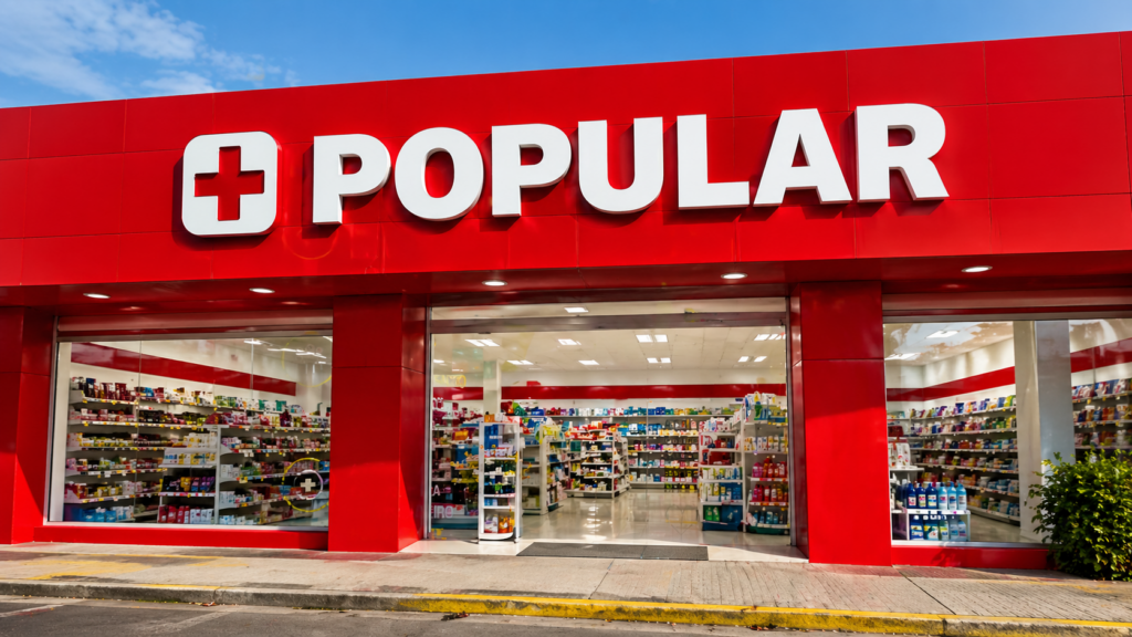 fachada de farmácia popular com destaque para preço acessível e varejo farmacêutico tradicional