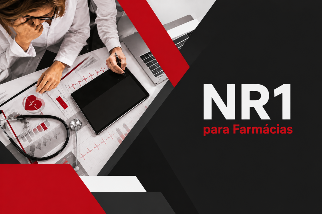 Imagem sobre NR1 para farmácias com profissional da saúde analisando relatórios e conceito de gestão de riscos psicossociais.